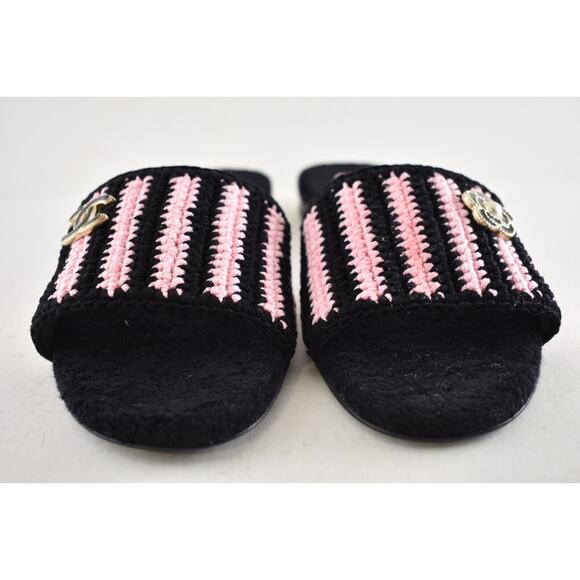 Chanel 24M Black Pink Crochet Stripe Camellia Flower Logo Mule Slide Sandal 39 - Picture 13 of 16